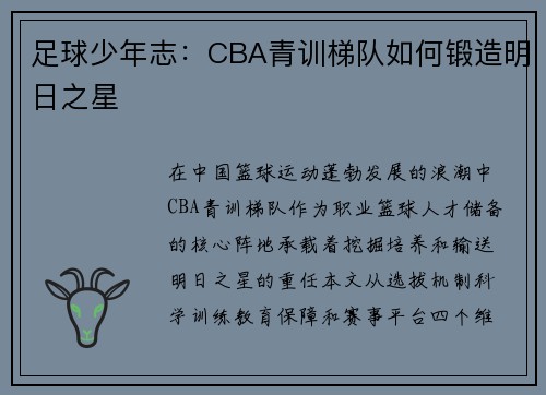足球少年志：CBA青训梯队如何锻造明日之星